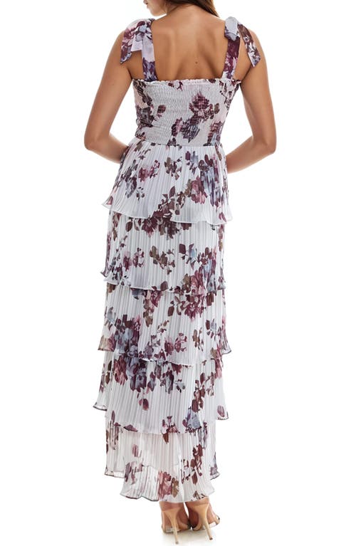Socialite Floral Print Pleated Tier Maxi Dress In Grey/mauve