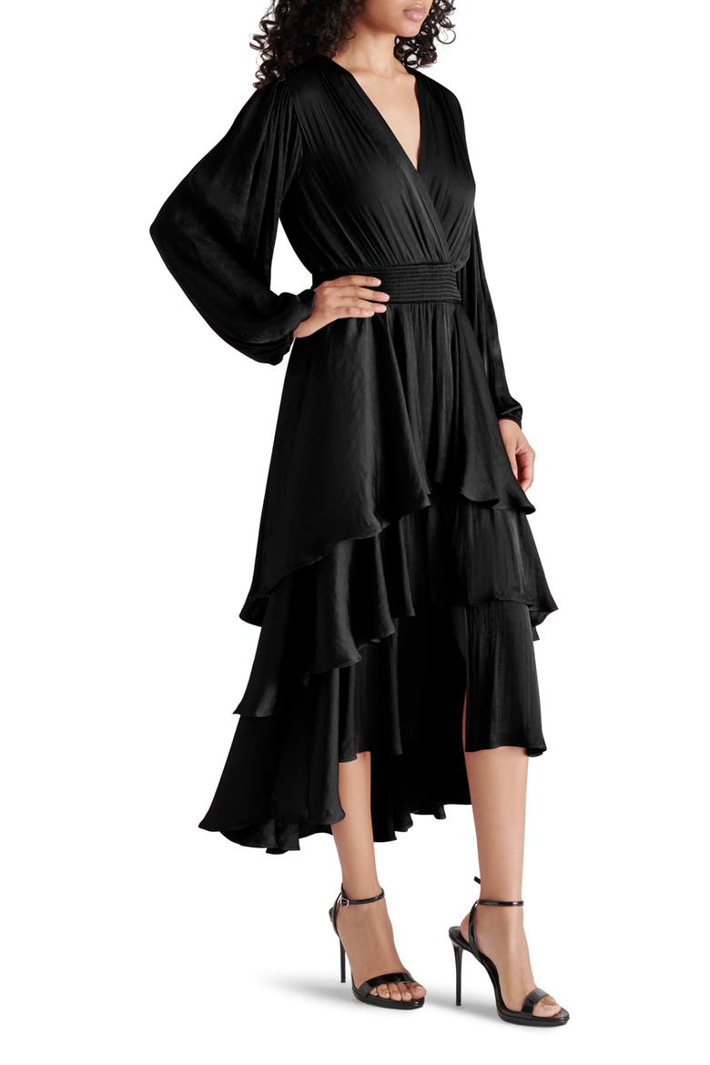 Bei Long Sleeve Tiered Satin Midi Dress, Alternate, color, BLACK