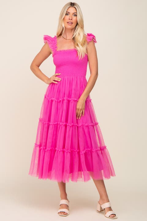 Smocked Mesh Ruffle Accent Midi Dress