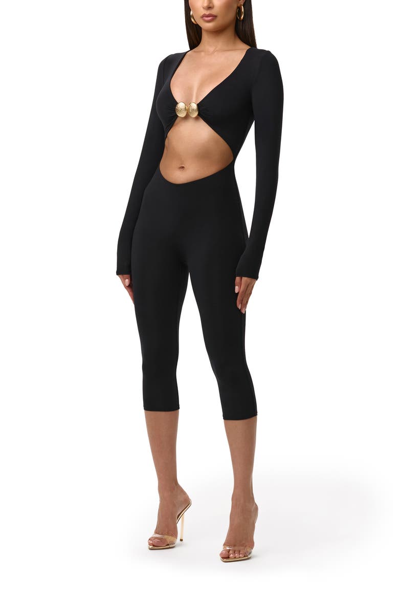 V-Cutout Capri Jumpsuit, Alternate, color, BLACK