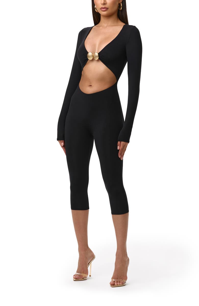 Naked Wardrobe V-Cutout Capri Jumpsuit, Alternate, color, Black
