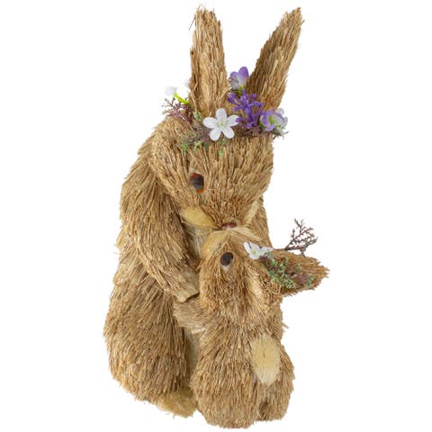 Mommy and Baby Easter Bunny with Flower Crowns Sisal Figure Decoration - 12"