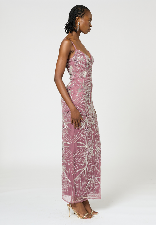 Shop Beauut Occasion Embellished Sequin Beaded Adjustable Strap Evening Dress In Mauve