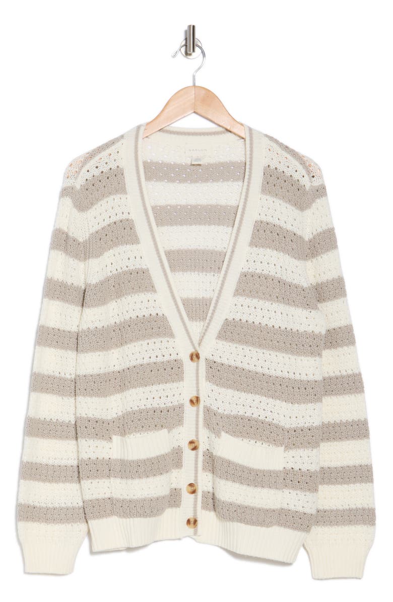 Caslon<sup>®</sup> Stripe Open Stitch Cotton Blend Cardigan, Alternate, color, Grey Owl- Ivory Rugby Stripe