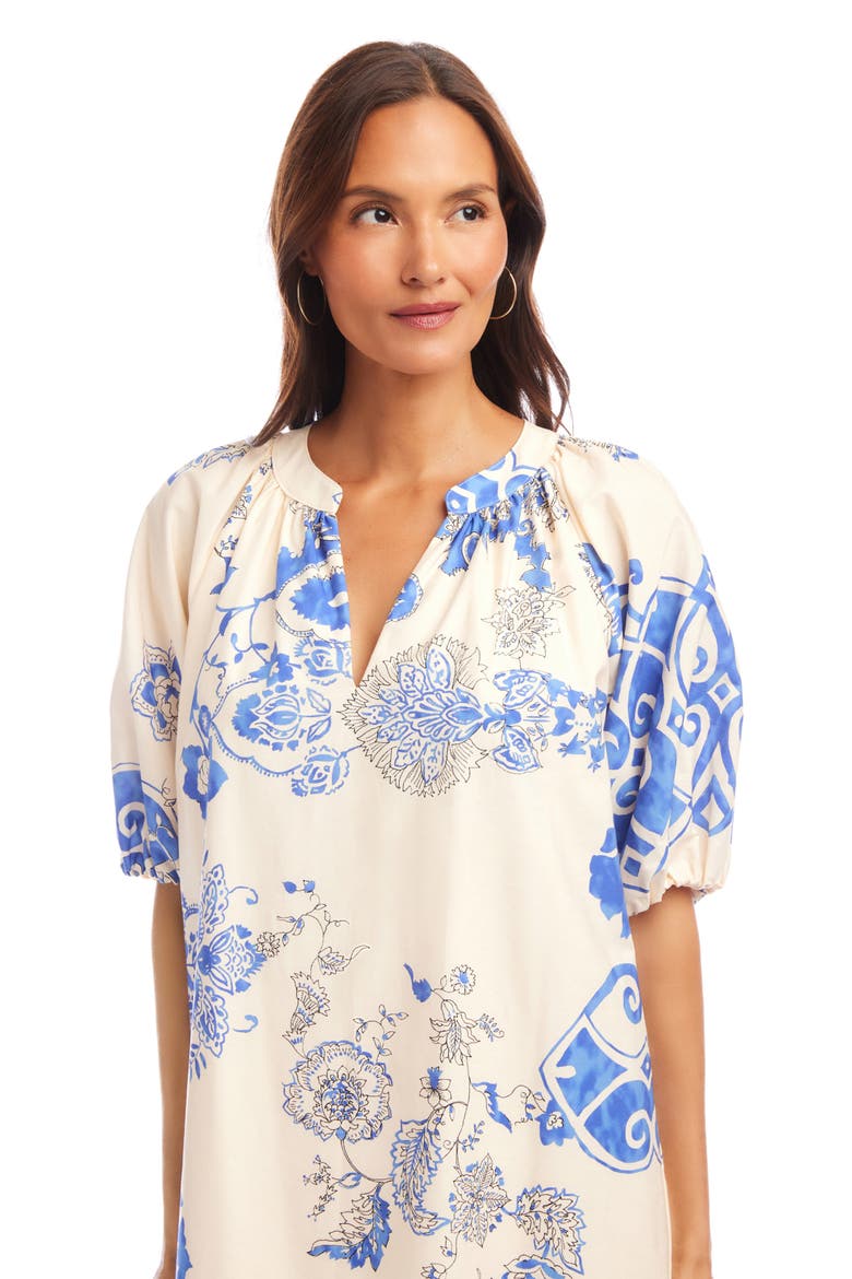 Puff Sleeve Cotton Peasant Minidress, Alternate, color, WHITE/ BLUE PRINT