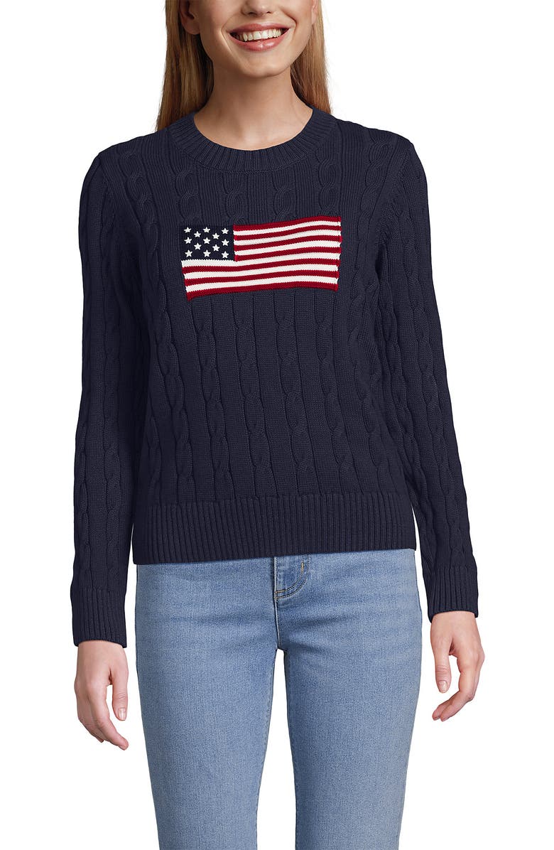 Lands' End American Flag Drifter Cable Sweater, Alternate, color, Flag/Faded Navy