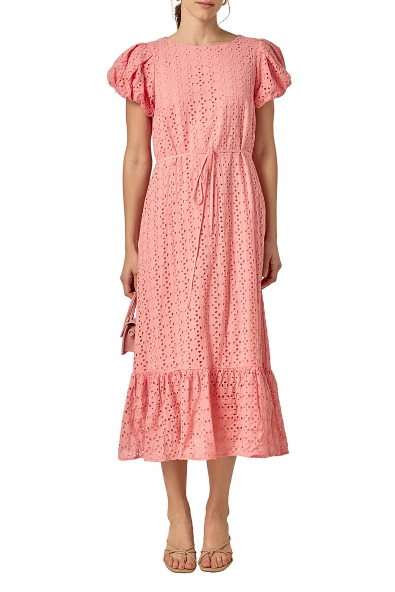 Eyelet Tie Waist Puff Sleeve Midi Dress, Main, color, PINK