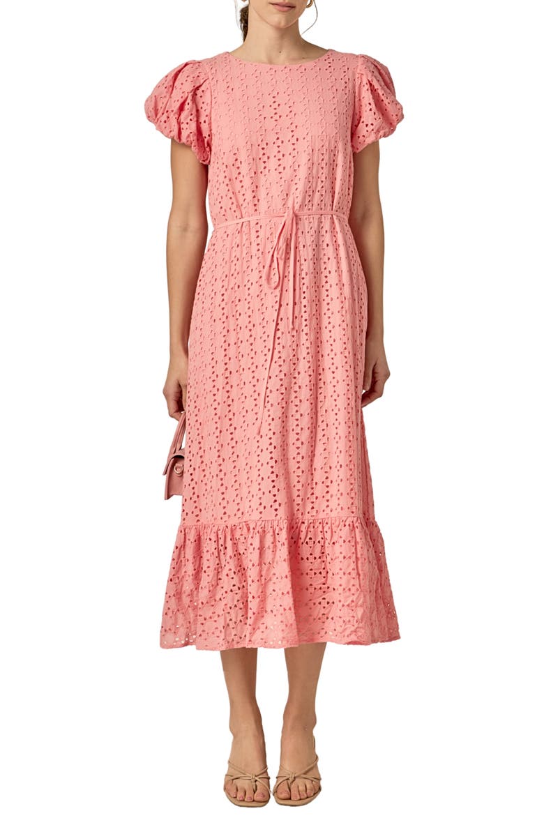 English Factory Eyelet Tie Waist Puff Sleeve Midi Dress, Main, color, Pink