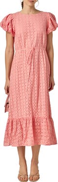 English Factory Eyelet Tie Waist Puff Sleeve Midi Dress