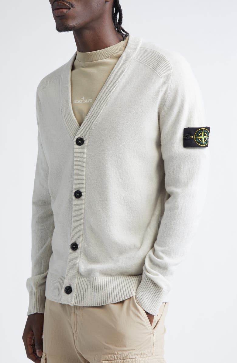 Stone Island Compass Logo Patch Virgin Wool Cardigan, Alternate, color, V0m93 Ivory Melange