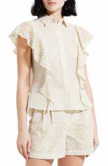 Theory Nova Flutter Sleeve Eyelet Cotton Blouse