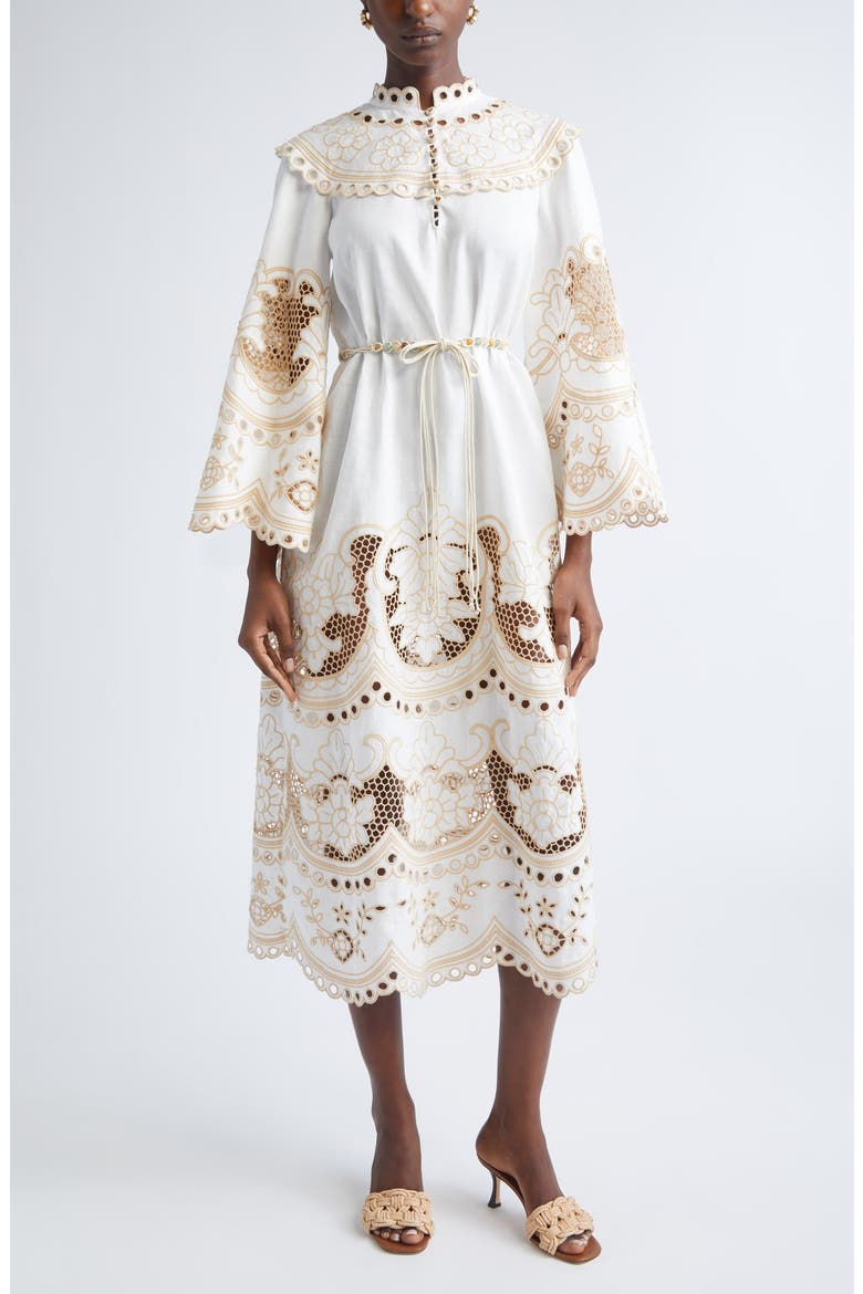 Scalloped Eyelet Trim Belted Linen Midi Dress, Main, color, IVORY