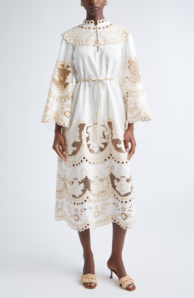 Zimmermann Scalloped Eyelet Trim Belted Linen Midi Dress, Main, color, Ivory