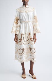 Zimmermann Scalloped Eyelet Trim Belted Linen Midi Dress