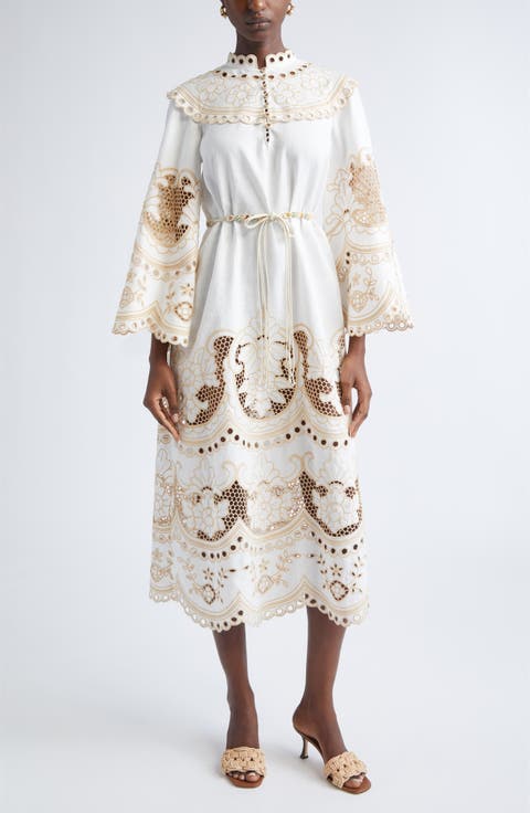 Zimmermann Scalloped Eyelet Trim Belted Linen Midi Dress (Regular & Petite)
