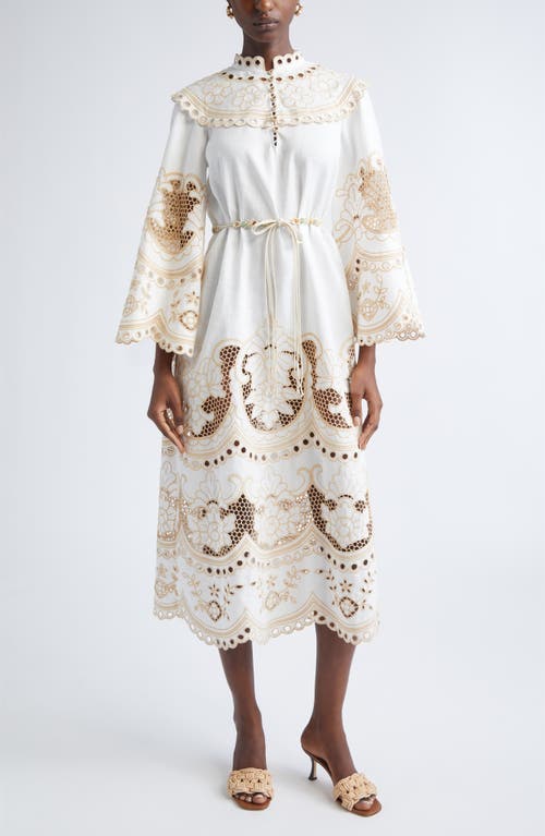 Zimmermann Scalloped Eyelet Trim Belted Linen Midi Dress In White
