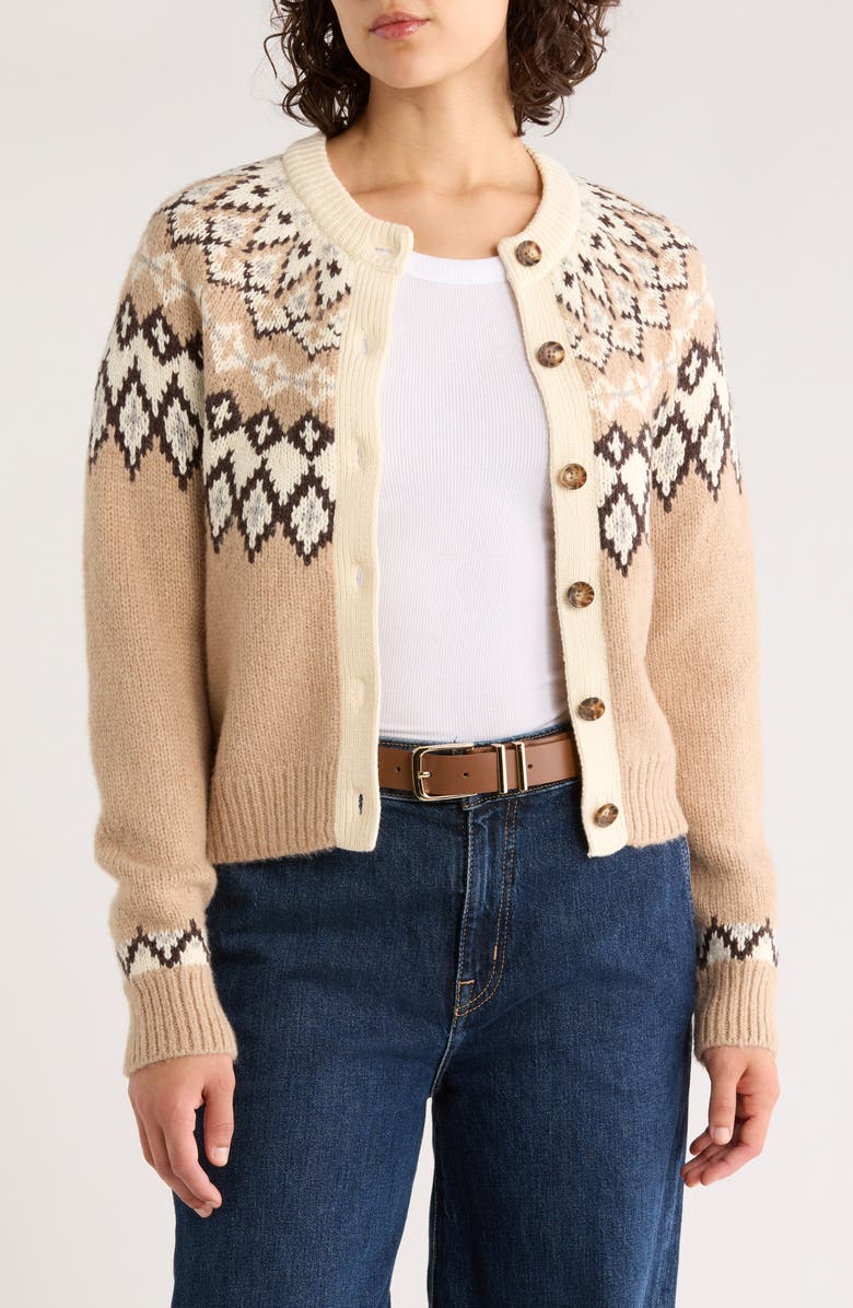 Marine Layer Fiorella Fair Isle Cardigan, Main, color, Neutral Fair Isle