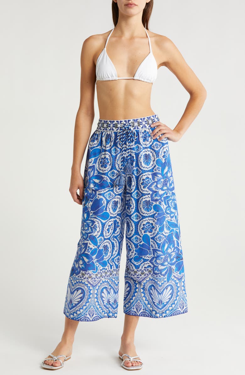 FARM Rio Tile Dream Wide Leg Cover-Up Cotton Pants, Main, color, 
