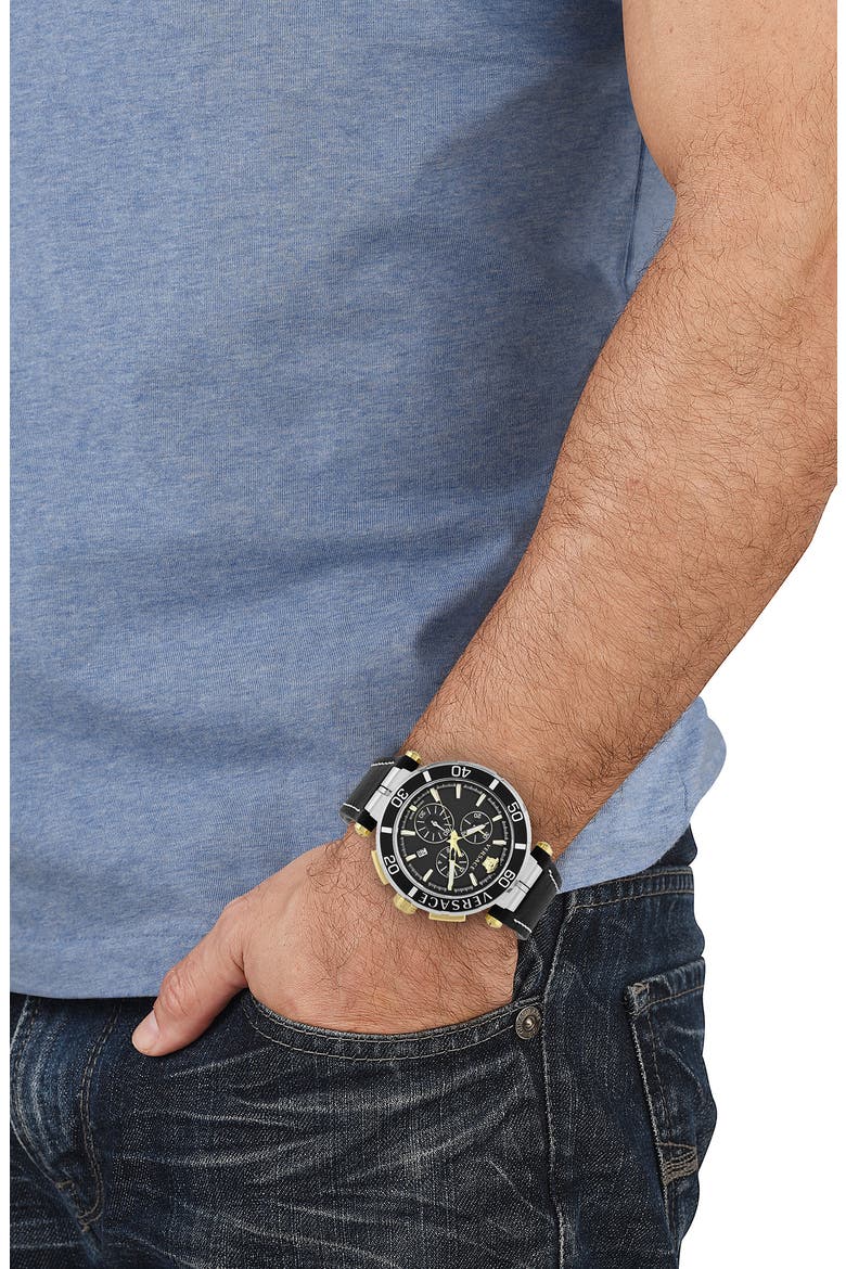 Greca Chronograph Leather Strap Watch, 45mm, Alternate, color, STAINLESS STEEL