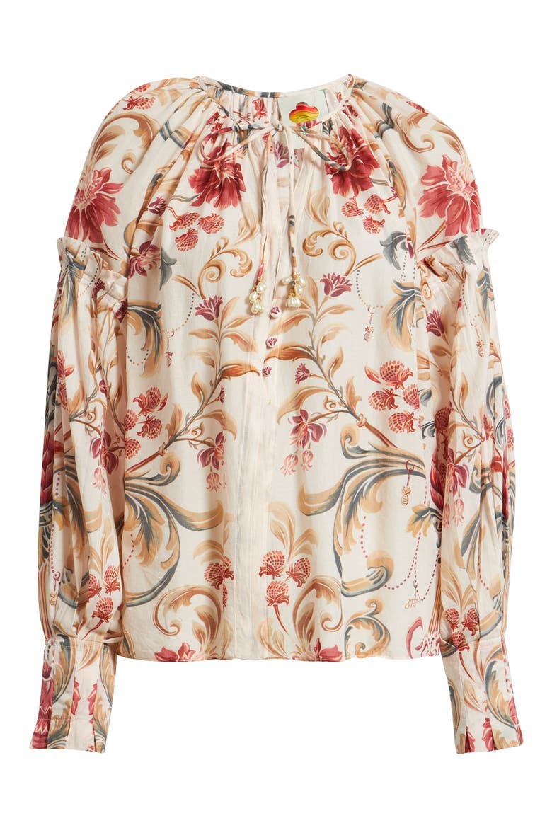 Royal Garden Print Cotton Peasant Top, Alternate, color, SAND