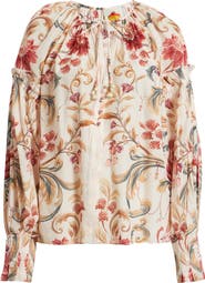 FARM Rio Royal Garden Print Cotton Peasant Top