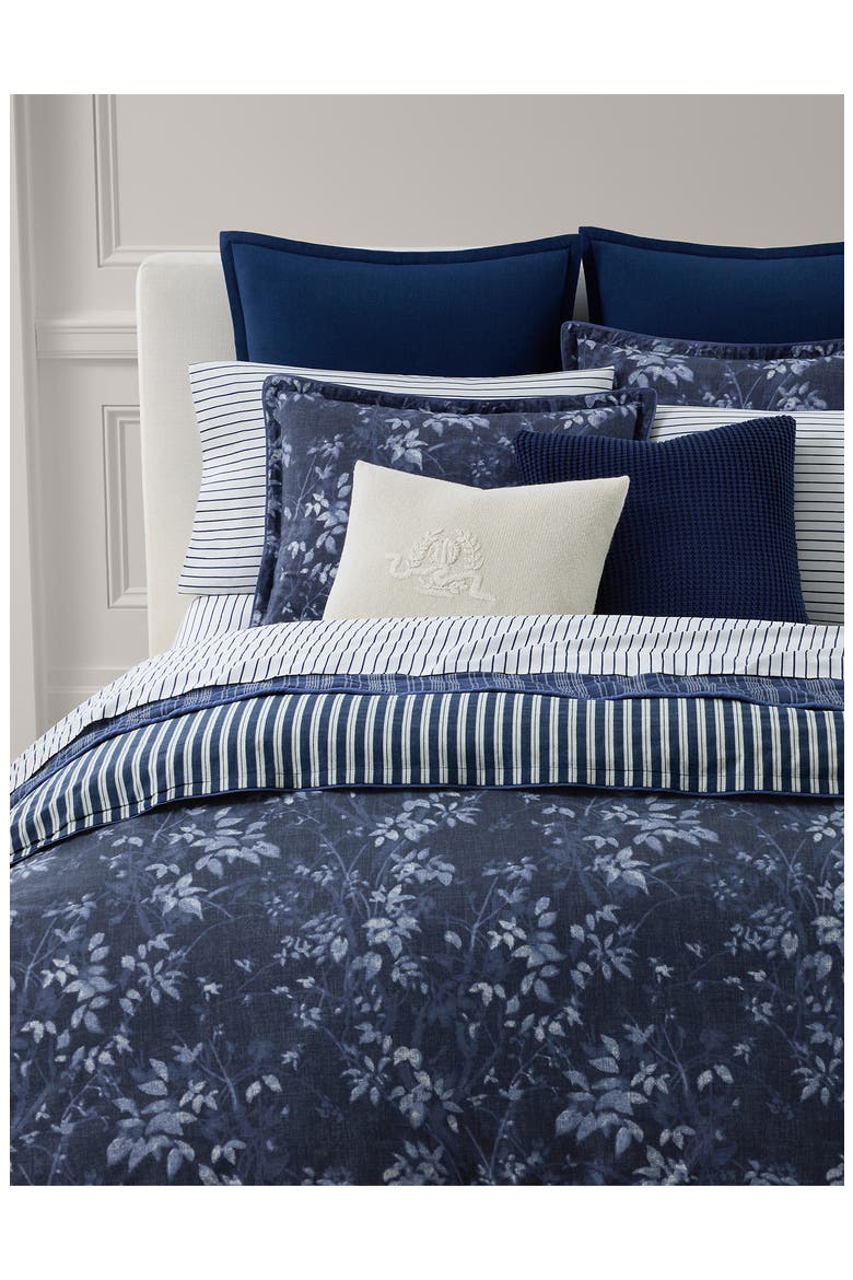 Caterina Floral & Stripe Reversible Cotton Percale Duvet Cover & Sham Set, Main, color, NAVY