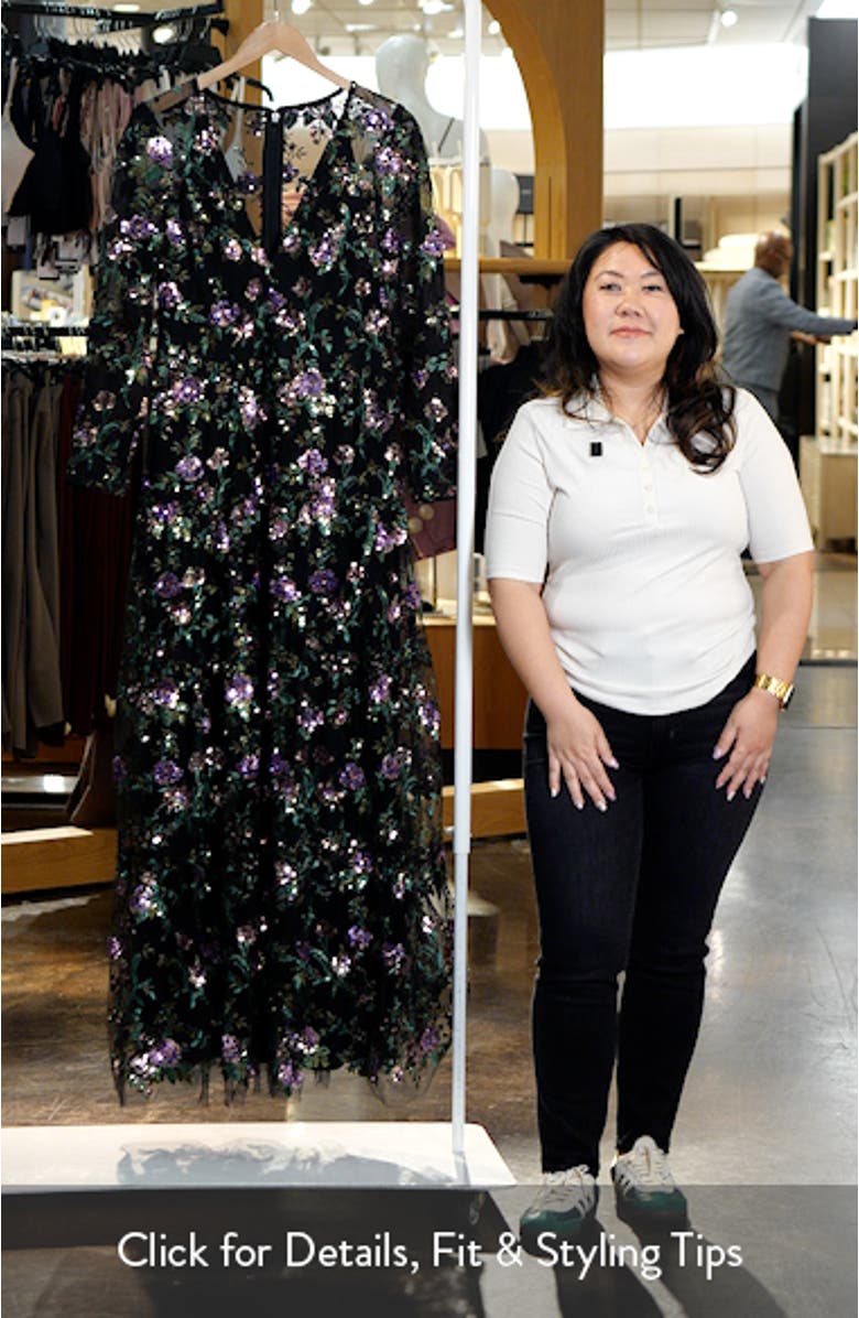 Angelina Sequin Floral Embroidery Long Sleeve Gown, sales video thumbnail