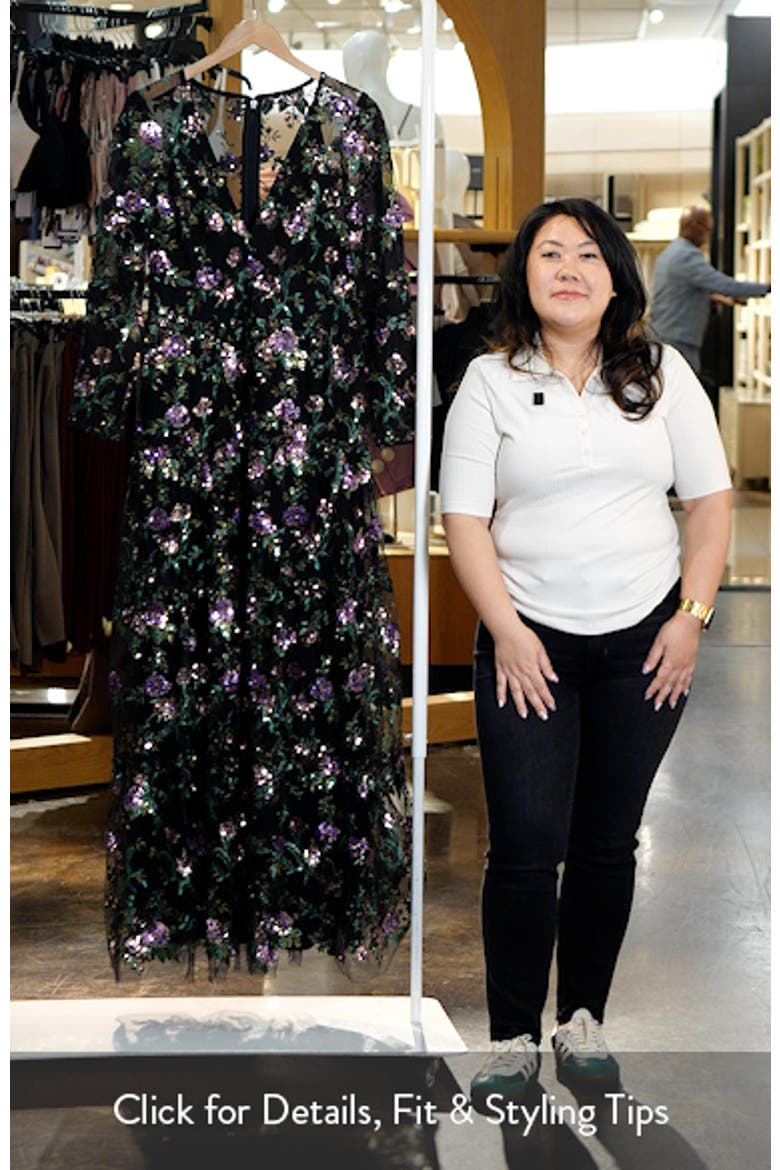 Angelina Sequin Floral Embroidery Long Sleeve Gown video