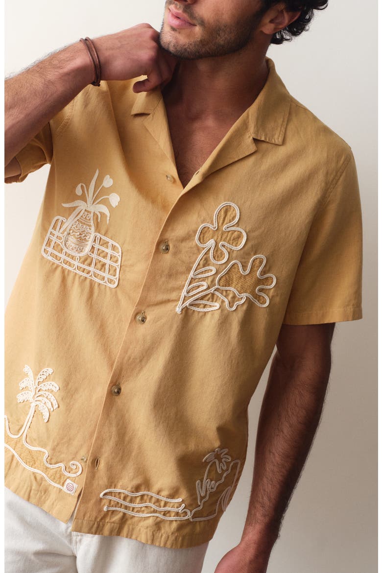 Embroidered Cotton & Linen Resort Shirt, Alternate, color, MUSTARD