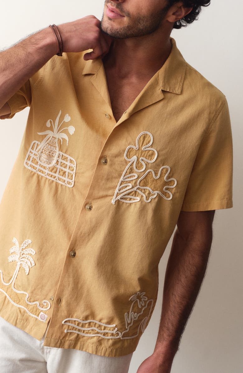 Marine Layer Embroidered Cotton & Linen Resort Shirt, Alternate, color, Mustard