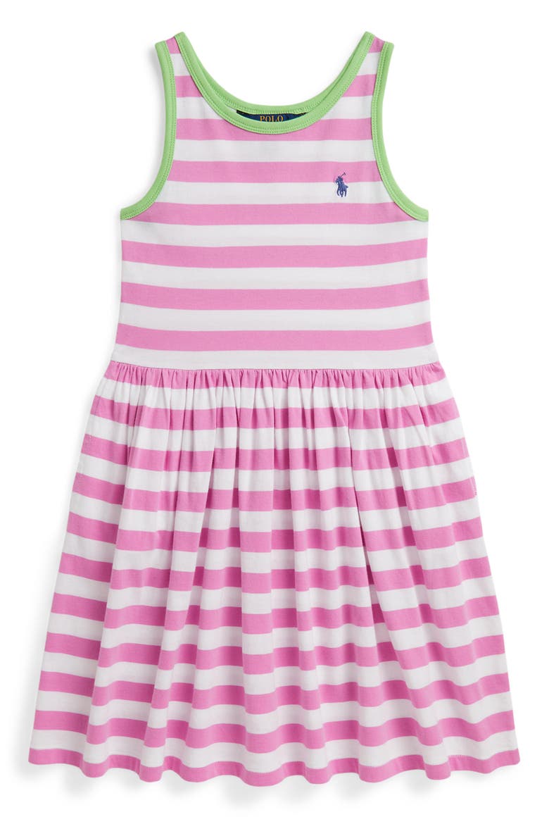 Kids' Stripe Cotton Jersey Sleeveless Dress, Main, color, LAGUNA PINK/ WHITE