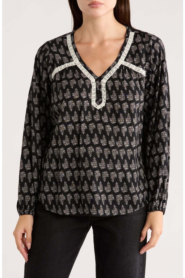 V-Neck Popover Top, Main, color, BLACK FLORAL