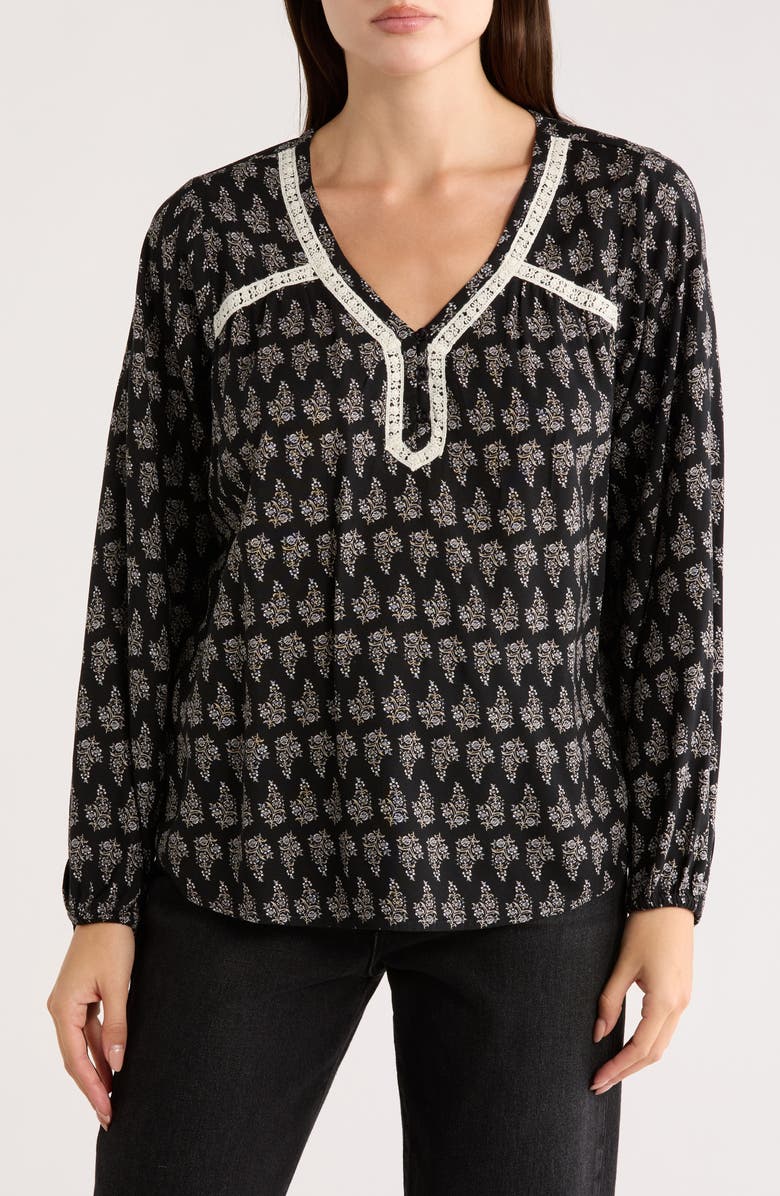 Lucky Brand V-Neck Popover Top, Main, color, Black Floral
