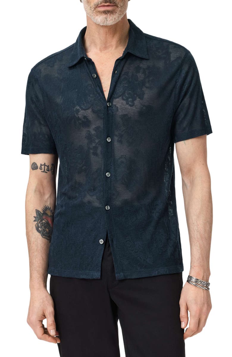 John Varvatos Biaggio Jacquard Mesh Short Sleeve Button-Up Shirt, Alternate, color, Deep Blue