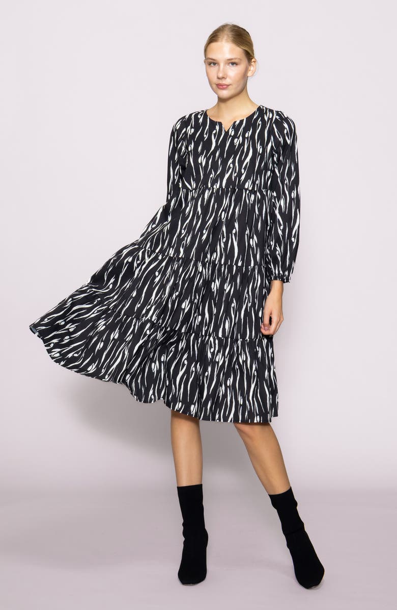 MELLODAY Poplin Tiered Long Sleeve Midi Dress, Alternate, color, Black Ivory