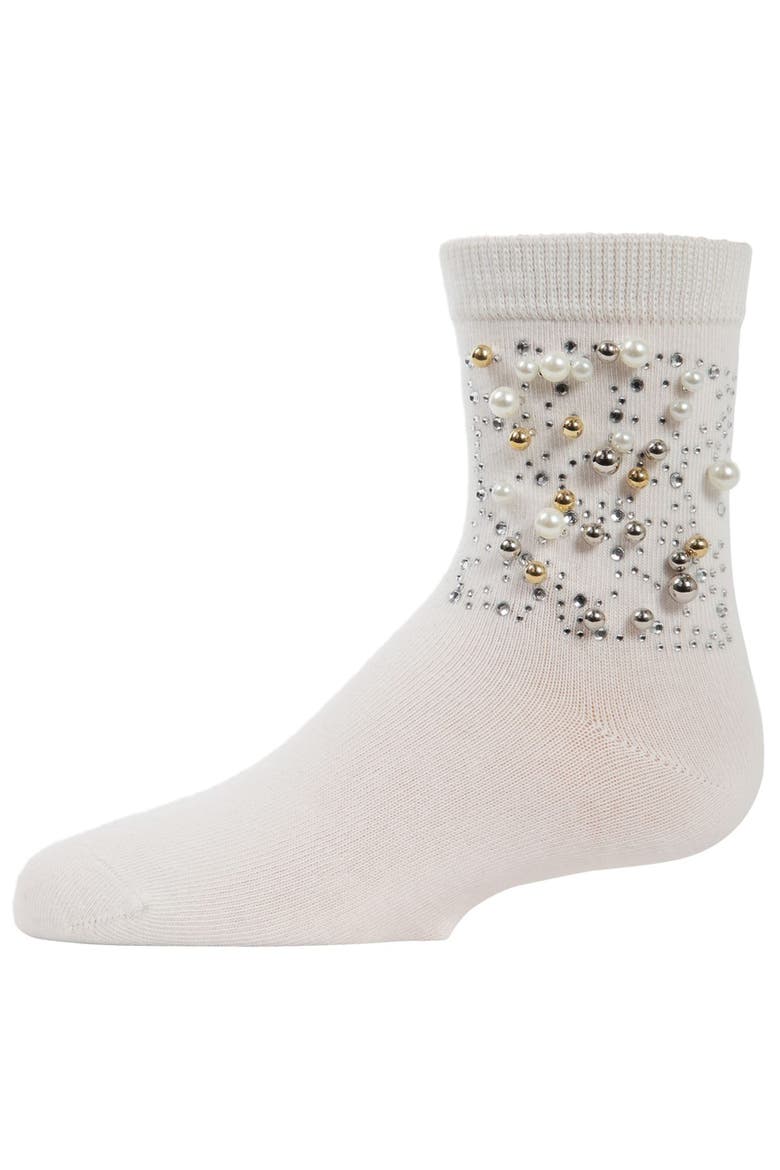 Starry Night Jeweled Combed Crew Socks, Main, color, Winter White