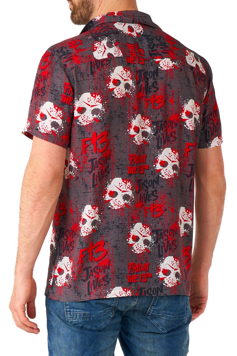 Friday the 13th Short Sleeve Button-Up Shirt, Alternate, color, BLACK