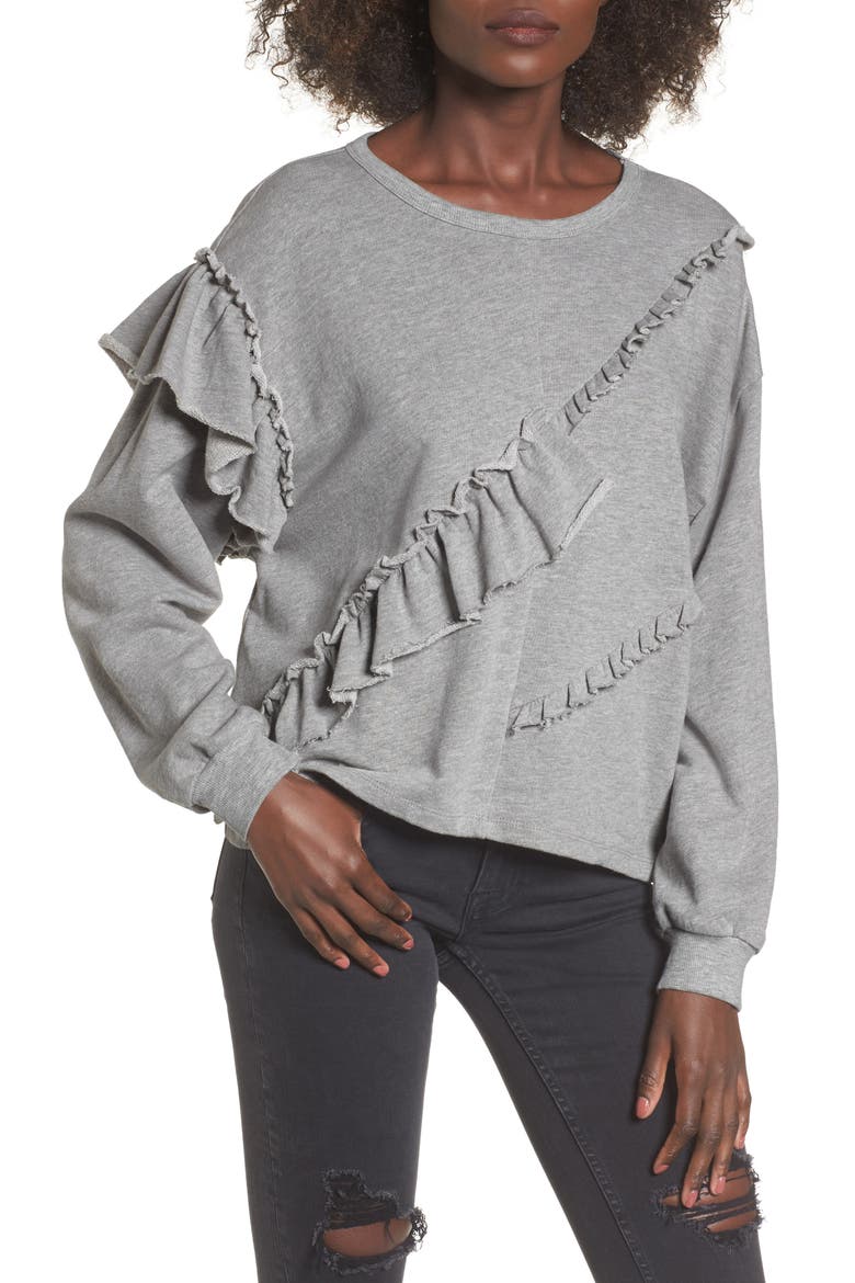 Asymmetric Ruffle Sweatshirt, Main, color, HEATHER GREY
