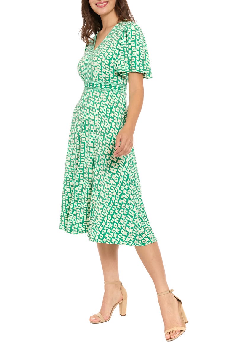 Flutter Sleeve A-Line Midi Dress, Alternate, color, GREEN LAKE/ IVORY