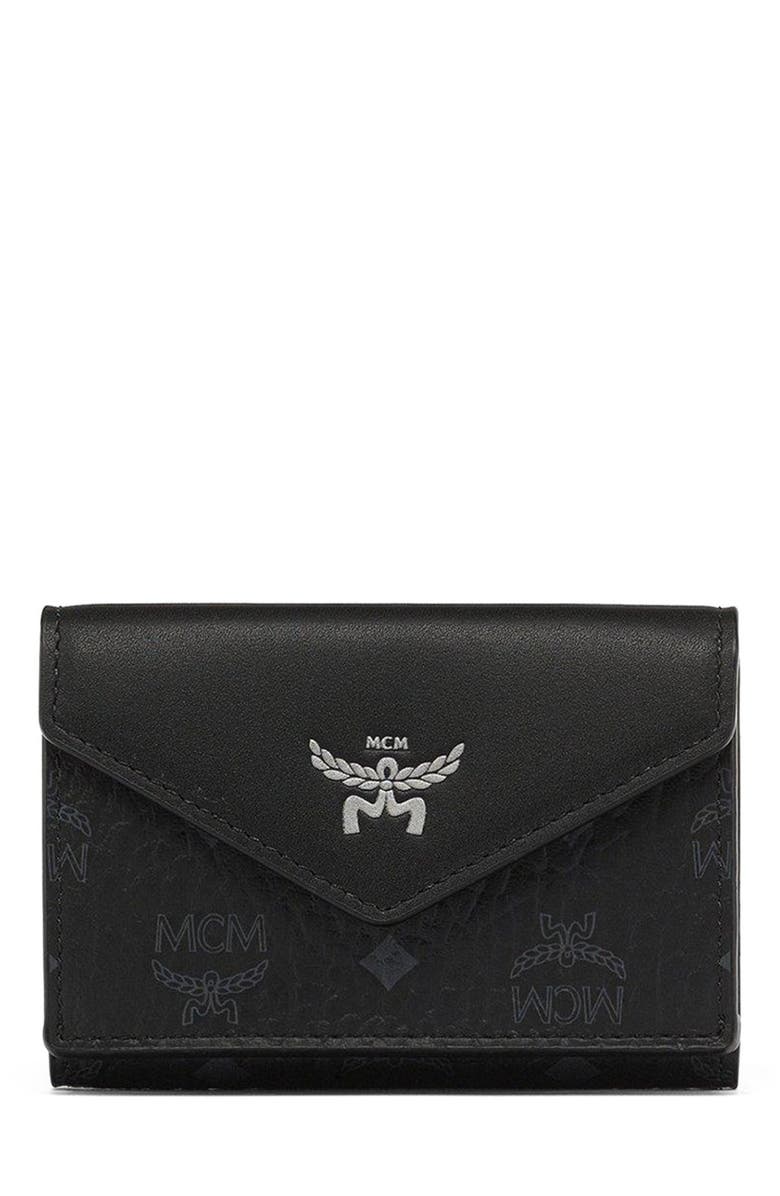 MCM Aren Trifold Wallet in Visetos, Main, color, Black
