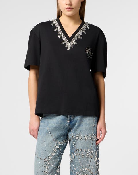 Man Fit V-Neck T-Shirt Crystals Women