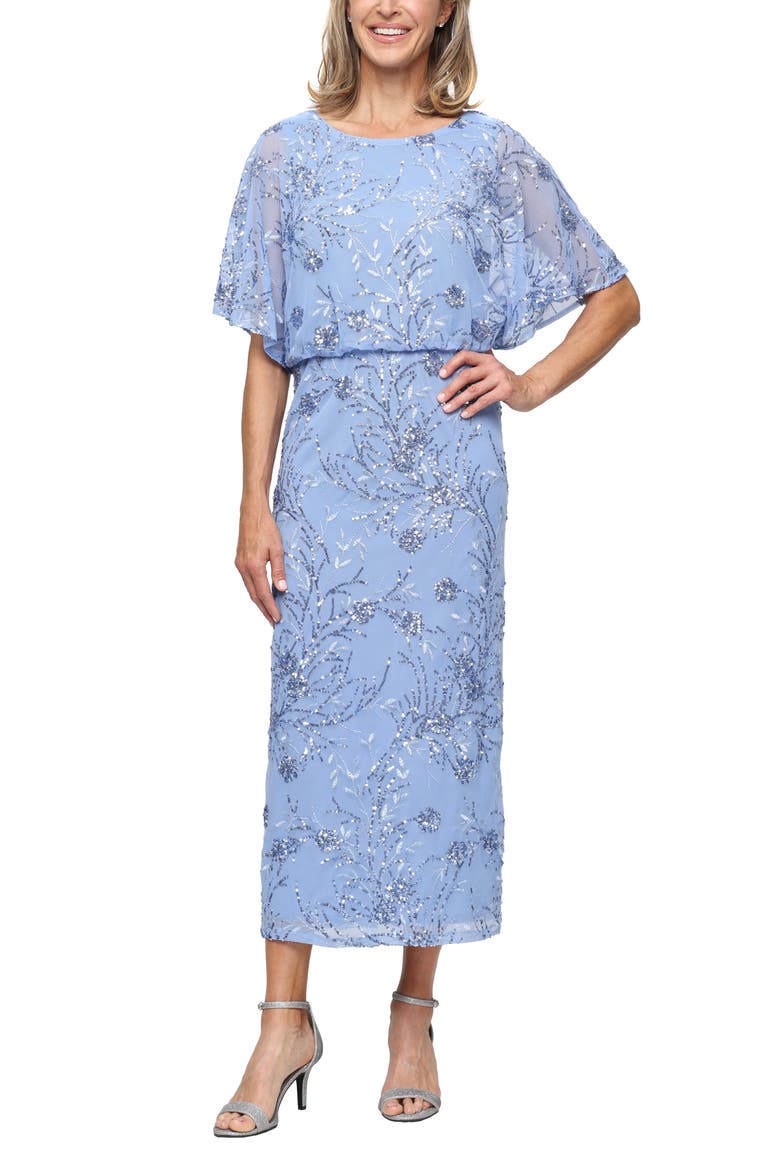 Sequin Blouson Bodice Gown, Main, color, BLUE