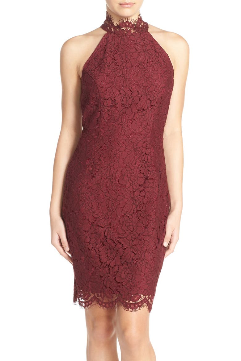 BB Dakota Cara High Neck Lace Cocktail Dress, Main, color, AUBERGINE