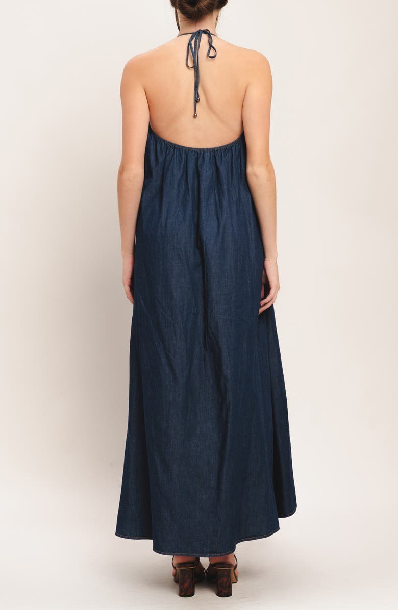FLYING TOMATO Halter Denim Maxi Dress, Alternate, color, Dark Indigo