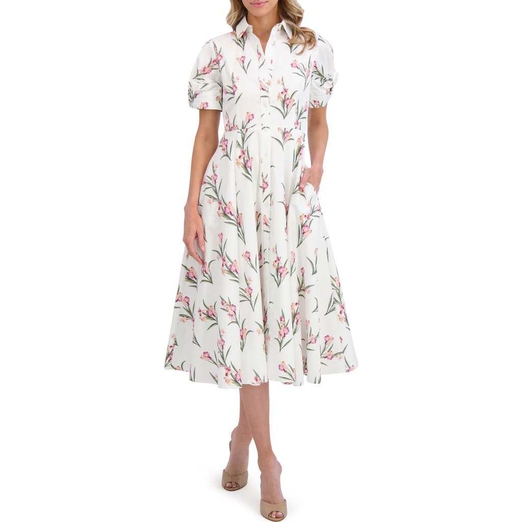 Ted Baker Floral Puff Sleeve Midi Shirtdress In Ultra White