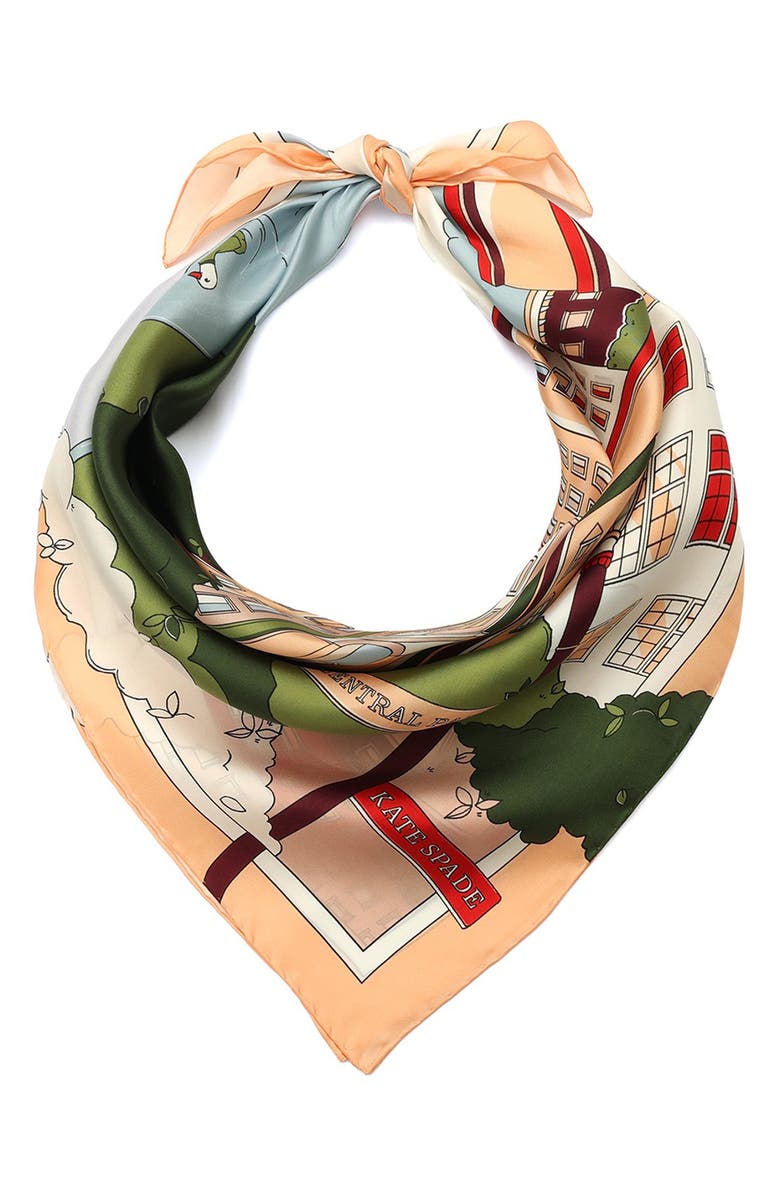 Kate Spade New York park scene silk square scarf, Alternate, color, Multi Beige