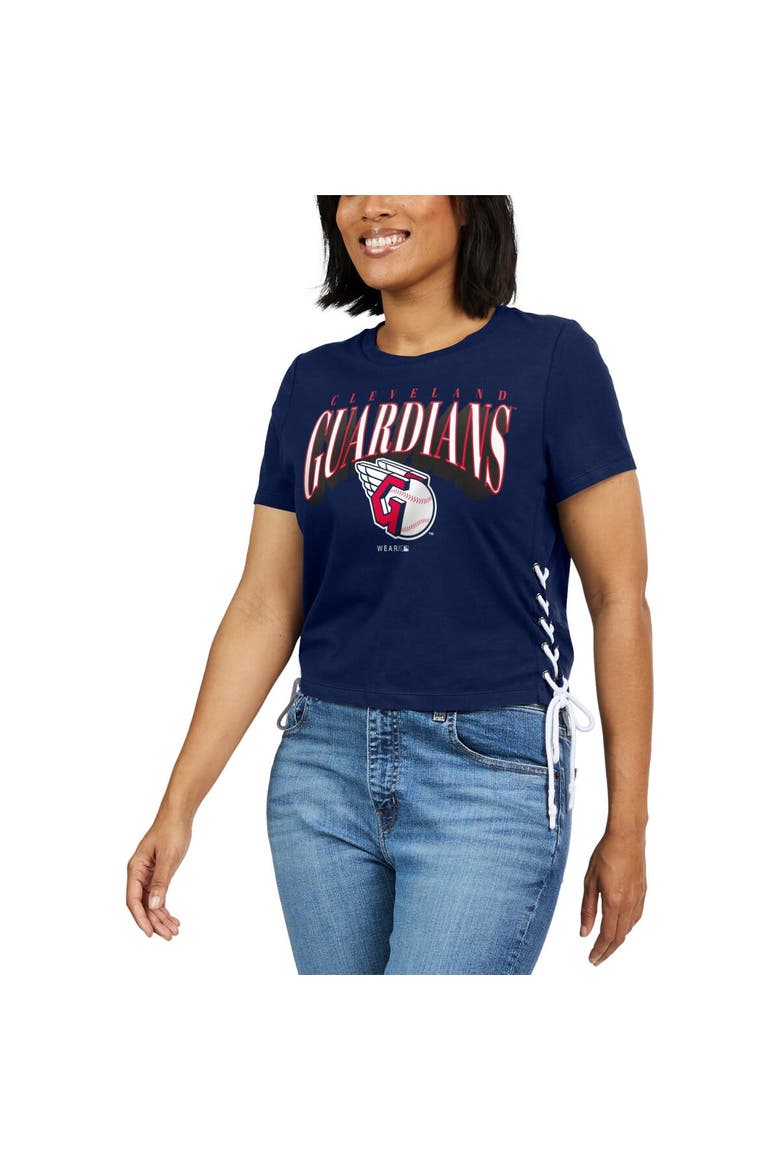 Women's WEAR by Erin Andrews Navy Cleveland Guardians Side Lace-Up Cropped T-Shirt, Alternate, color, Navy