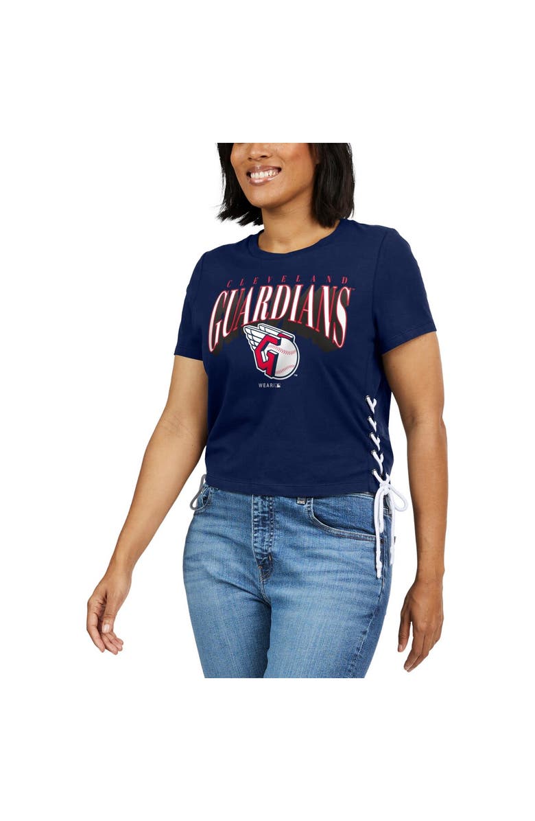WEAR by Erin Andrews Women's WEAR by Erin Andrews Navy Cleveland Guardians Side Lace-Up Cropped T-Shirt, Alternate, color, Navy