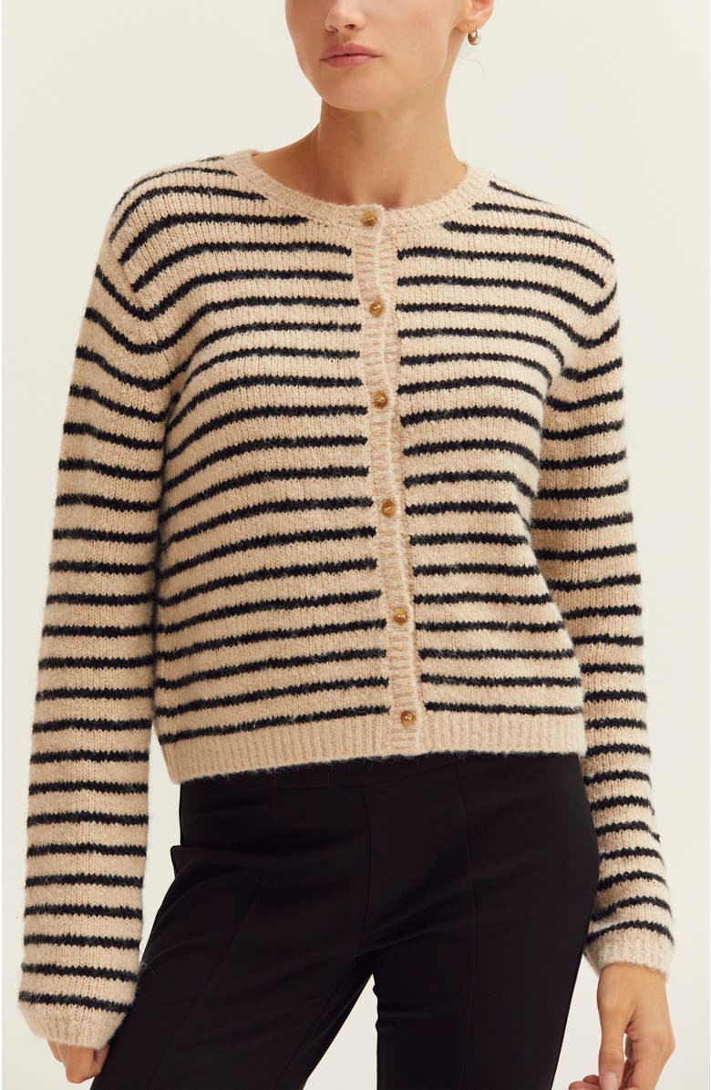 CRESCENT Crew Neck Striped Cardigan, Main, color, Oatmeal/Black