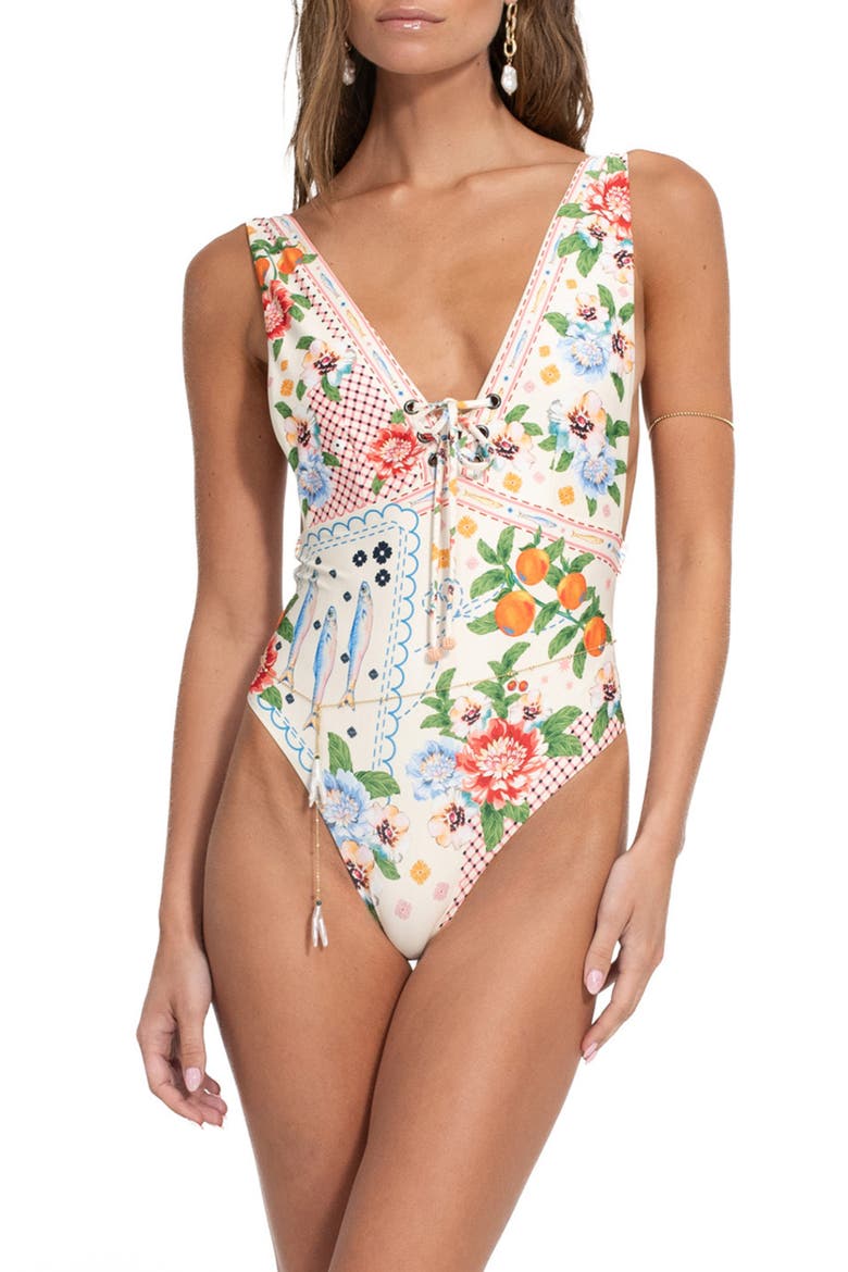 Priscila Basket Lace-Up One-Piece Swimsuit, Main, color, WHITE